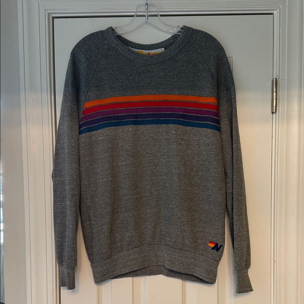 Aviator Nation Gray Crewneck Sweatshirt with Rainbow Chest Stripes